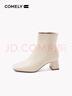 康莉（COMELY）羊皮粗跟短靴女冬季真皮時(shí)尚方頭舒適高級時(shí)裝靴 米白色 37 曬單實(shí)拍圖