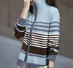德瑪納【松弛感復古】冬季翻立領(lǐng)撞色條紋開(kāi)衫寬松柔彈羅紋針織衫女上衣 曬單實(shí)拍圖