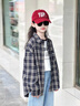 女童格子襯衫春秋季新款韓版洋氣女孩中大童春裝時(shí)髦寬松外套上衣 藏青色 150 曬單實(shí)拍圖