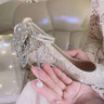 Ehangy高端品牌珍珠蝴蝶結高跟鞋婚鞋女新款水晶單鞋情人節生日禮物 銀色(珍珠鏈蝴蝶結) 【精美禮盒 37 (跟高6.5cm) 【免費刻字/賀 曬單實(shí)拍圖