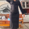 pusumede感絲絨連衣裙女新款法式氣質(zhì)v領(lǐng)收腰顯瘦中長(cháng)款裙子 黑色小個(gè)子(【建議身高155-162】) L 曬單實(shí)拍圖