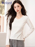 百富（BYFORD）純色T恤女長(cháng)袖氣質(zhì)V領(lǐng)顯瘦內搭打底衫女慵懶百搭女上衣 白色 XL 曬單實(shí)拍圖