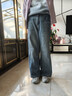 浪莎復古闊腿牛仔褲女春款淺藍拼接設計感高腰直筒垂感拖地褲子女 曬單實(shí)拍圖