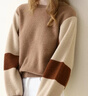 科蒙博卡時(shí)尚拼色圓領(lǐng)羊絨衫女 毛圈加厚毛衣羅紋寬松針織衫山羊絨 卡其色 S 曬單實(shí)拍圖