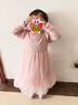 貝瑞加（Babyprints）女童連衣裙長(cháng)袖公主風(fēng)網(wǎng)紗裙小女孩生日宴禮服春秋百搭裙子 粉110 曬單實(shí)拍圖