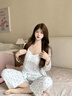 另塵少女白色碎花帶胸墊短袖睡衣女款春秋季舒適木耳邊短褲家居服套裝 5083 白色碎花 固定胸墊 XL 曬單實(shí)拍圖