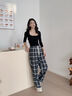 都市麗人黑白格褲子女款2026年最新款春季韓系慵懶松弛感休閑運動(dòng)闊腿褲女 曬單實(shí)拍圖