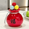 BSD水果叉子陶瓷收納罐水果叉甜品叉家用果叉水果簽蛋糕叉子創(chuàng  )意擺件 陶瓷福袋收納罐+果叉（紅色） 曬單實(shí)拍圖