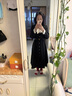 朵以2025秋季新款復古千金風(fēng)波點(diǎn)飄帶V領(lǐng)假兩件黑色長(cháng)袖連衣裙 黑色 S 曬單實(shí)拍圖