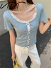 柯蘭娜蕾絲拼接假兩件短袖t恤女夏季2026新款藍色設計感短款正肩上衣 藍色 L （105-120斤） 曬單實(shí)拍圖