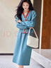 德瑪納【OL空氣層套裝】春秋季撞色開(kāi)衫織帶半身裙女兩件套 湖藍 L  曬單實(shí)拍圖