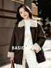 百家好（Basic House）Basic House/百家好復古皮毛一體外套女仿羊羔毛翻領(lǐng)加厚PU外套冬 深咖色 M 曬單實(shí)拍圖