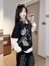LDBE學(xué)院風(fēng)長(cháng)袖T恤女春秋2026新款寬松慵懶松弛假兩件設計落肩上衣潮 黑奶涂鴉 L 110-120斤 曬單實(shí)拍圖