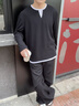 名創(chuàng  )優(yōu)品假兩件V領(lǐng)打底衫男春季華夫格正肩長(cháng)袖t恤潮流男士體恤Z 黑色 XL 曬單實(shí)拍圖
