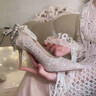 Ehangy高端品牌珍珠蝴蝶結高跟鞋婚鞋女新款水晶單鞋情人節生日禮物 銀色(珍珠鏈蝴蝶結) 【精美禮盒 37 (跟高6.5cm) 【免費刻字/賀 曬單實(shí)拍圖
