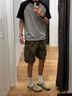 短袖t恤男2026夏季新款撞色拼接半拉鏈衣服潮牌休閑五分半袖體恤 麻灰色 L 曬單實(shí)拍圖