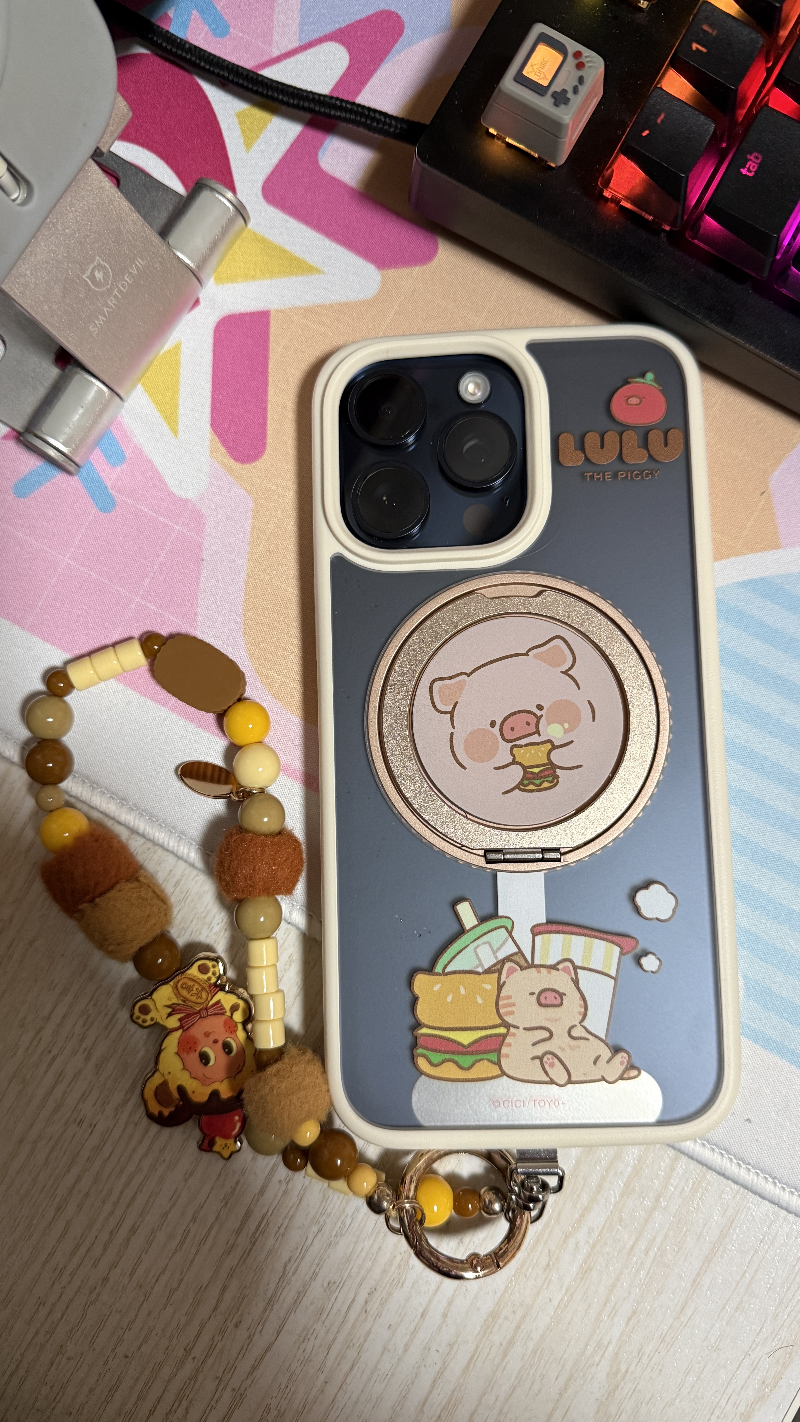 ROCK適用罐頭豬LULU蘋果15 ProMax手機殼iPhone15 ProMax保護套磁吸旋轉支架防摔可愛男女生款貪吃漢堡 曬單實拍圖