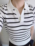 紅蜻蜓（RED DRAGONFLY）夏季冷淡系寬松條紋顯瘦針織衫薄款萊賽爾天絲翻v領(lǐng)短袖上衣t恤 黑白色 L 建議120-130斤 曬單實(shí)拍圖