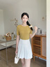 紅蜻蜓（RED DRAGONFLY）新款時(shí)尚短袖顯瘦針織衫女夏季薄款一字領(lǐng)百搭寬松上衣Tt恤 芥黃色 L 曬單實(shí)拍圖