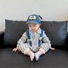 G.duck小黃鴨春秋季寶寶哈衣條紋韓版嬰幼兒嬰兒春裝衣服長(cháng)袖連體衣爬服 藍色【條紋肩帶狗雙層連體】 90cm 曬單實(shí)拍圖