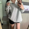 LDBE韓版蕾絲拼接學(xué)院風(fēng)POLO領(lǐng)衛衣女秋季新款半拉鏈寬松長(cháng)袖中長(cháng)上衣 灰色 M 80-100斤 曬單實(shí)拍圖
