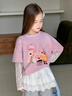 圖圖小象女童長(cháng)袖T恤春季童裝純棉蕾絲打底衫兒童假兩件上衣 粉色  120 曬單實(shí)拍圖