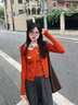 CLOUD SEASON落日甜橘兩件套復古娃娃領(lǐng)針織開(kāi)衫甜妹背心疊穿套裝 橘色 S 曬單實(shí)拍圖