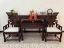 倡誠新中式酸枝木八仙桌客廳家用中堂香火佛桌神臺供桌太師椅套裝 （中堂六件套）供桌+八仙桌+靈芝椅*2+花架*2 曬單實(shí)拍圖