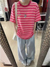 LDBE美式復古粉色撞色條紋短袖t恤女夏季2026新款卡通刺繡圓領(lǐng)上衣潮 粉條紋 M 80-100斤 曬單實(shí)拍圖