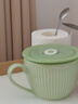 歐式早餐杯帶蓋家用陶瓷大容量喝水杯牛奶杯辦公室可微波爐燕麥杯 豎紋早餐杯（抹茶綠）+綠蓋子 曬單實(shí)拍圖