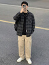 磨毛長(cháng)袖襯衫格子美式重磅休閑風(fēng)大碼青年上衣秋冬加絨工裝外套男 灰色 Z956 XL 建議146-160斤 曬單實(shí)拍圖