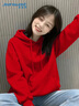 真維斯（Jeanswest）簡(jiǎn)約百搭純色連帽衛衣女冬季2026馬年本命年衣服加絨加厚紅色上衣 曬單實(shí)拍圖