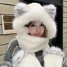 包包魚(yú)保暖狐貍毛絨帽子女冬季圍巾手套一體可愛(ài)連帽圍脖冬天三件套防寒 豹紋米白色 均碼55-58cm 曬單實(shí)拍圖