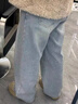 啄木鳥(niǎo)滿(mǎn)天星燙鉆直筒牛仔褲女冬加絨大碼胖mm設計感高腰寬松顯瘦闊腿褲 藍色小個(gè)子版 M 建議96-105斤 曬單實(shí)拍圖