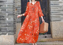 文藝復古印花棉麻七分袖連衣裙女夏寬松大l碼收腰系帶顯瘦 桔紅色 L【115-130斤】 曬單實(shí)拍圖
