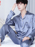 貓人（MiiOW）高級感仿真絲綢睡衣男士春秋夏季薄款冰絲長(cháng)袖寬松大碼家居服套裝 冰藍色長(cháng)袖 XL 曬單實(shí)拍圖