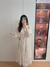 香影法式碎花v領(lǐng)長(cháng)袖連衣裙女2026春季新款溫柔收腰中長(cháng)款a字紗裙 鷺白 S 曬單實(shí)拍圖