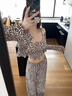 倩升高級感豹紋帶胸墊長(cháng)袖睡衣春秋季2026新款夏天吊帶家居服三件套裝 X2663ZO 豹紋貓咪 棕色 帶固定胸墊 XL 曬單實(shí)拍圖