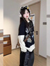 LDBE學(xué)院風(fēng)長(cháng)袖T恤女春秋2026新款寬松慵懶松弛假兩件設計落肩上衣潮 黑奶涂鴉 L 110-120斤 曬單實(shí)拍圖