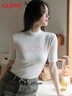 古今（GUJIN）早秋小立領(lǐng)打底衫女半袖t恤百搭內搭修身五分袖顯瘦氣質(zhì)上衣 曬單實(shí)拍圖