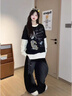 LDBE學(xué)院風(fēng)長(cháng)袖T恤女春秋2026新款寬松慵懶松弛假兩件設計落肩上衣潮 黑奶涂鴉 L 110-120斤 曬單實(shí)拍圖