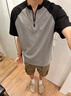 短袖t恤男2026夏季新款撞色拼接半拉鏈衣服潮牌休閑五分半袖體恤 麻灰色 L 曬單實(shí)拍圖