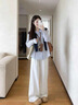 妍莉芬（yanlifen）休閑褲女裝套裝春裝2026年新款搭配一整套減齡穿搭職業(yè)襯衫兩件套 襯衫【配披肩】+白色褲 M 【95-110斤】 曬單實(shí)拍圖