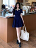 KPEX大碼polo領(lǐng)連衣裙女夏夏新款微胖妹妹減齡收腰A字顯瘦學(xué)院風(fēng)長(cháng)裙 藏藍拼杏【短款】 L 105-120斤 曬單實(shí)拍圖