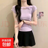 薄荷綠蝴蝶結短袖上衣女夏日2025新款多巴胺掐腰獨特漂亮短款T恤 紫色 均碼 建議80-130斤 曬單實(shí)拍圖