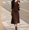 德瑪納【暖享雙面絨】秋季淡人氣質(zhì)V領(lǐng)不規則分割金屬扣A字女式連衣裙 曬單實(shí)拍圖