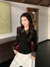 LDBE韓版高級miu系撞色polo翻領(lǐng)針織打底衫女秋冬季內搭修身百搭上衣 黑色【薄款】 L 100-110斤 曬單實(shí)拍圖