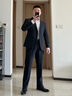 羅蒙2026新款商務(wù)正裝男士大學(xué)生上班面試職業(yè)裝修身新郎結婚西服套裝 兩扣黑色西服+西褲+襯衫+領(lǐng)帶+皮帶+襪子 2XL [建議126-140斤] 曬單實(shí)拍圖