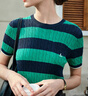 納維凱爾意大利小帆船女時(shí)尚修身針織撞色條紋短袖T恤2324505501 藍綠 L  曬單實(shí)拍圖