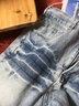 衣然呈品美式復古斜切牛仔褲男款春秋季閃電紋加厚高街vibe直筒微喇褲子男 藍色 XL 【建議115-135斤】 曬單實(shí)拍圖